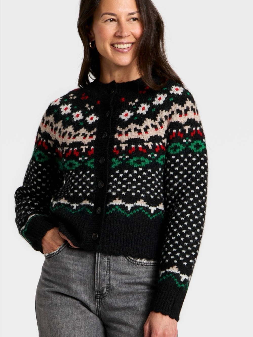 Black Fair Isle Button-Up Women's Sweater Cardigan